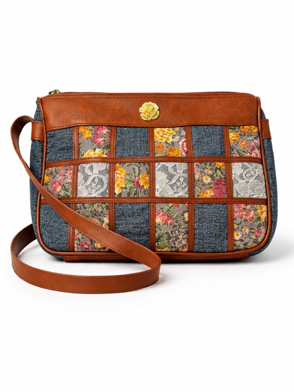 NWT Vintage Deadstock Patchwork Floral Crossbody Bag Brown Denim CARPETBAGS